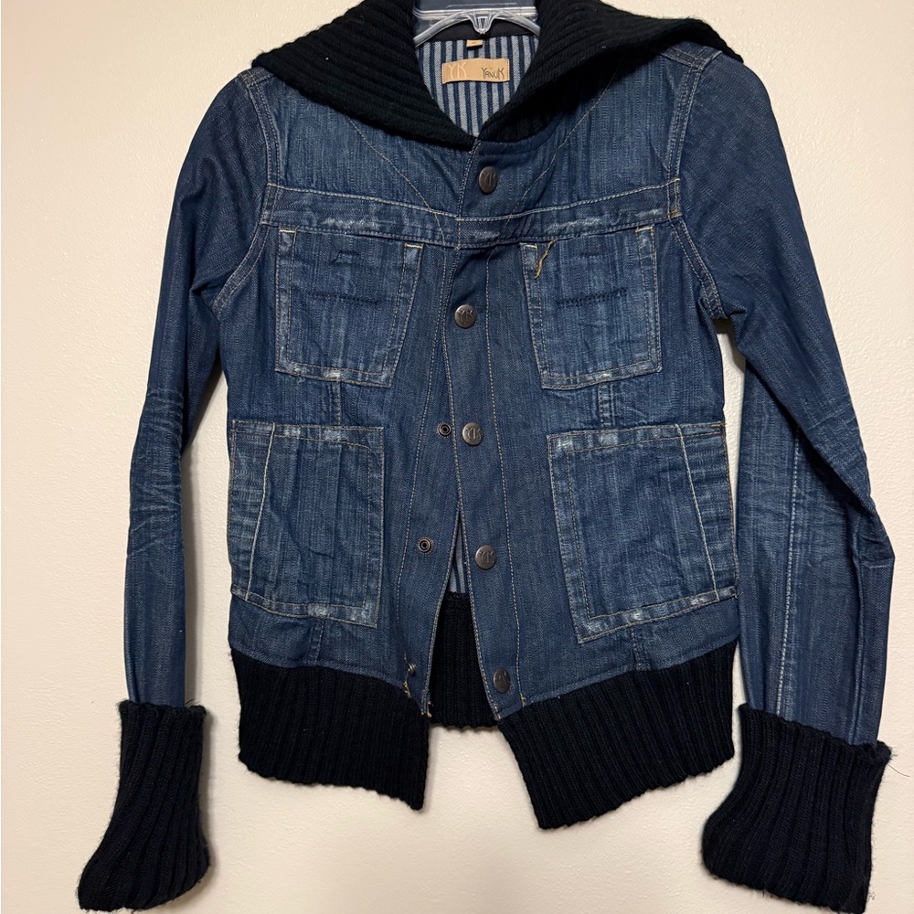yanuk denim jacket with black knit collar and cuffs size S